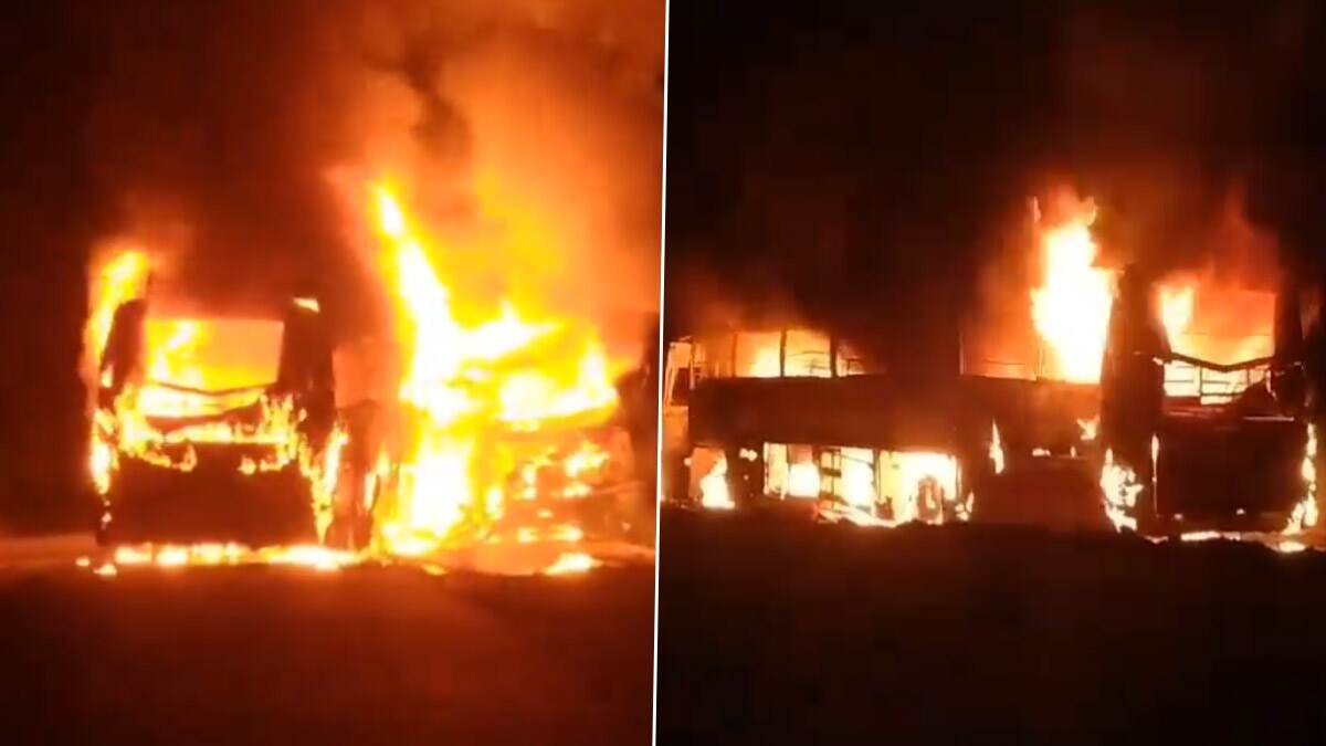 Bus - Lorry Collision Fire Accident: தனியார் பேருந்து - லாரி மோதி பயங்கர விபத்து.. பேருந்து தீப்பிடித்து 5 பயணிகள் உடல் கருகி பலி..!