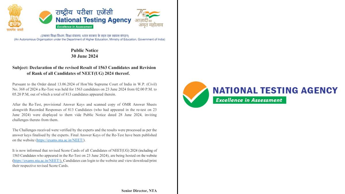 NEET UG Revised Results: நீட் யுஜி மறுதேர்வு எழுதிய 1563 மாணவர்களுக்கான தேர்வு முடிவுகள் வெளியீடு; தேசிய தேர்வு முகமை அறிவிப்பு.!