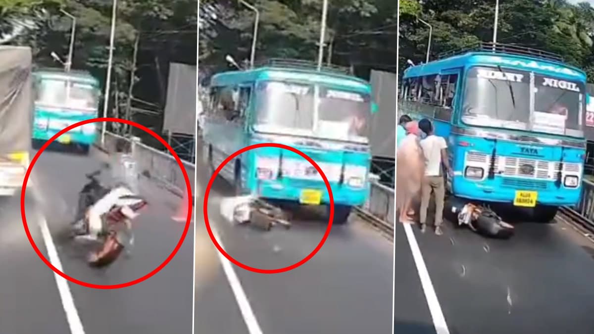 Man Survives Road Accident: நூலிழையில் உயிர் தப்பிய இருசக்கர வாகன ஓட்டி: அதிவேகம் அலட்சியத்தால் பஸ் சக்கரத்தில் சிக்கி பகீர்.!
