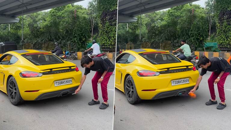 Man Attempts to Light Cigarette Using Porsche’s Exhaust: கார் எக்ஸாஸ்ட் சிஸ்டத்தில் சிகரெட் பற்ற வைக்க முயற்சி.. விபத்தில் முடிந்த ரீல் வீடியோ..!