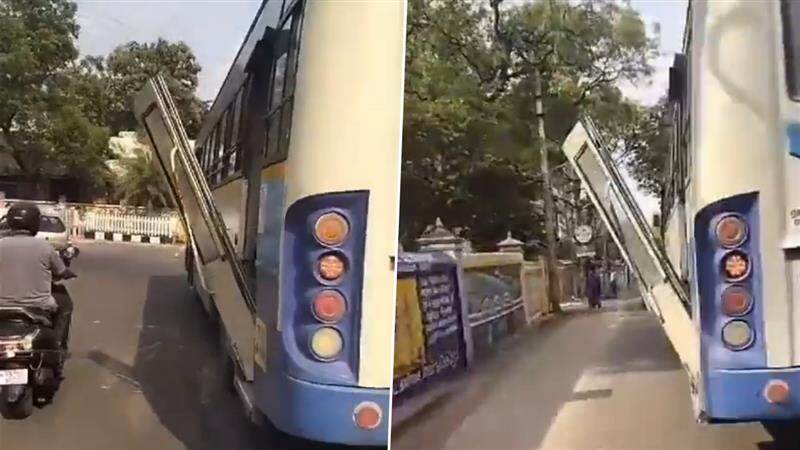 உடைந்த நிலையில் வெளியே தொங்கிய கதவு.. ஆபத்தான முறையில் இயக்கப்பட்ட அரசுப்பேருந்து..!