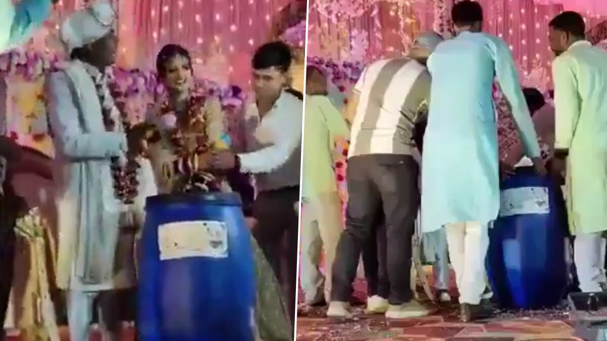 புதுமணத்தம்பதிக்கு புளூ டிரம் பரிசு.. மணமக்களை ஷாக்கில் ஆழ்த்திய மணமகன் தோழர்கள்..!