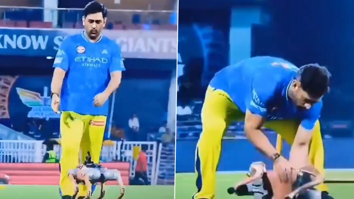 MS Dhoni With Robot Dog: ரோபோ நாயுடன் சேட்டை செய்த தோனி.. வீடியோ வைரல்..!