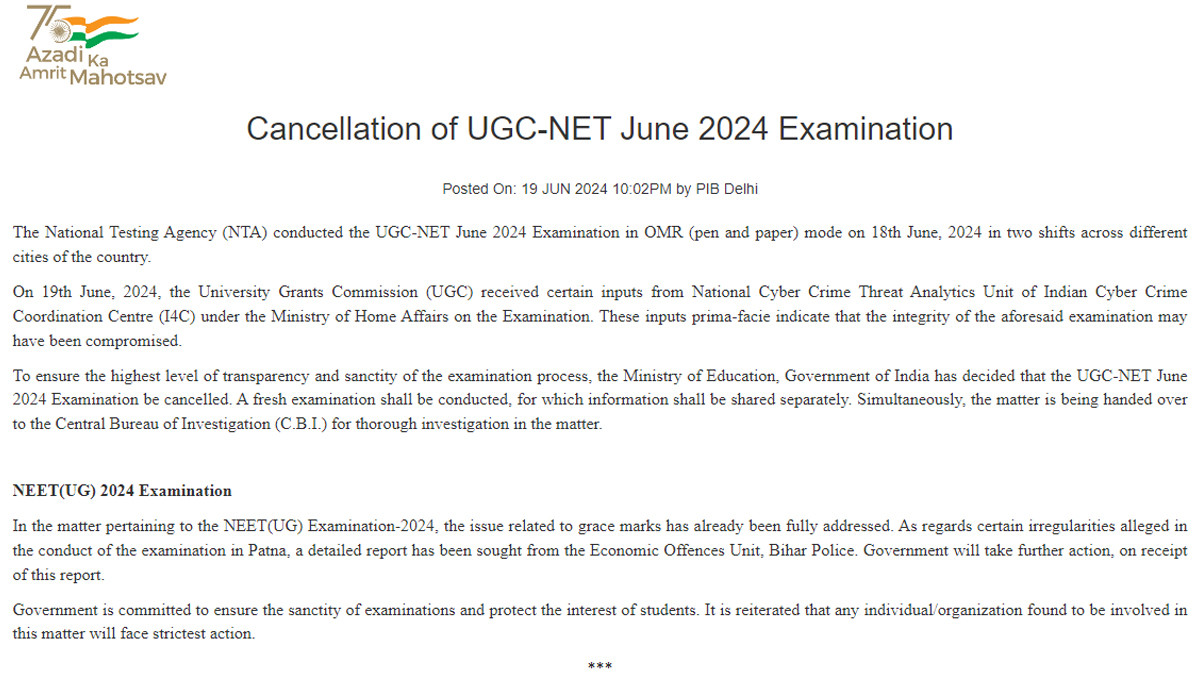 UGC-NET June 2024 Examination Cancelled: வினாத்தாள் கசிவா.? தேர்வு குளறுபடி.. யுஜிசி நெட் தேர்வு ரத்து..!