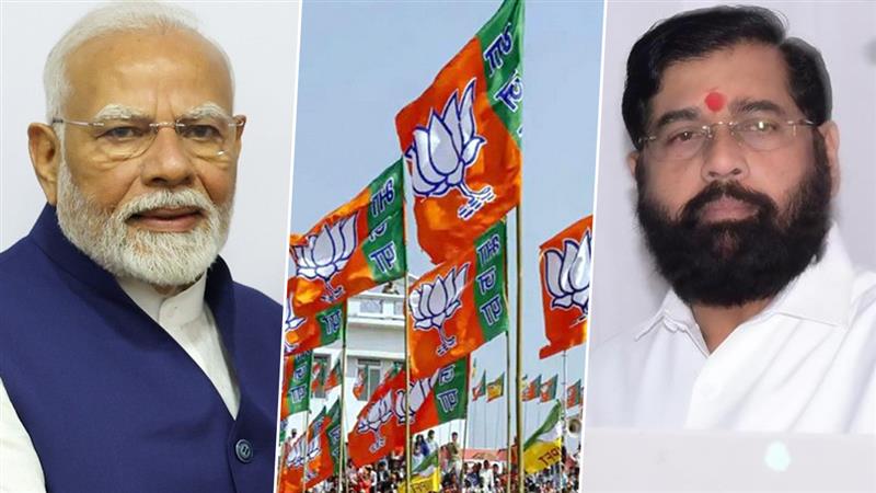 PM Narendra Modi | BJP Flag | Eknath Shinde (Photo Credit: Facebook / @ANI X Rep)